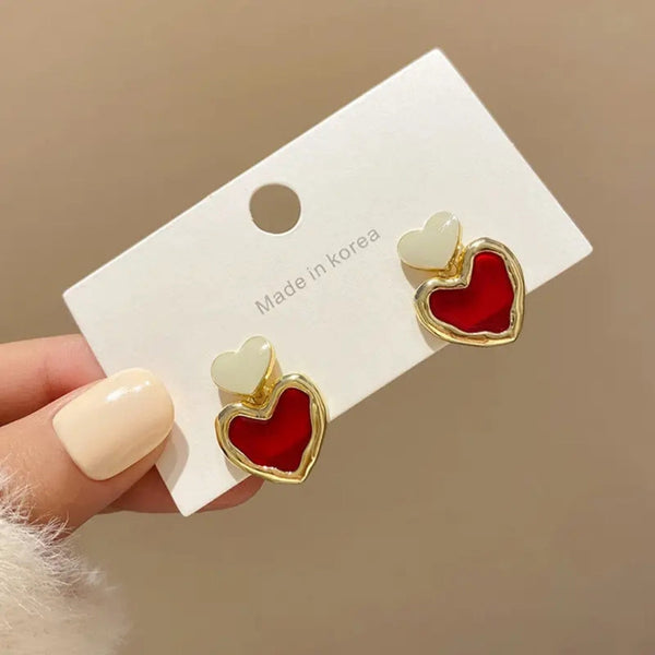 Burgundy Red Enamel Heart Earrings Beauty NX