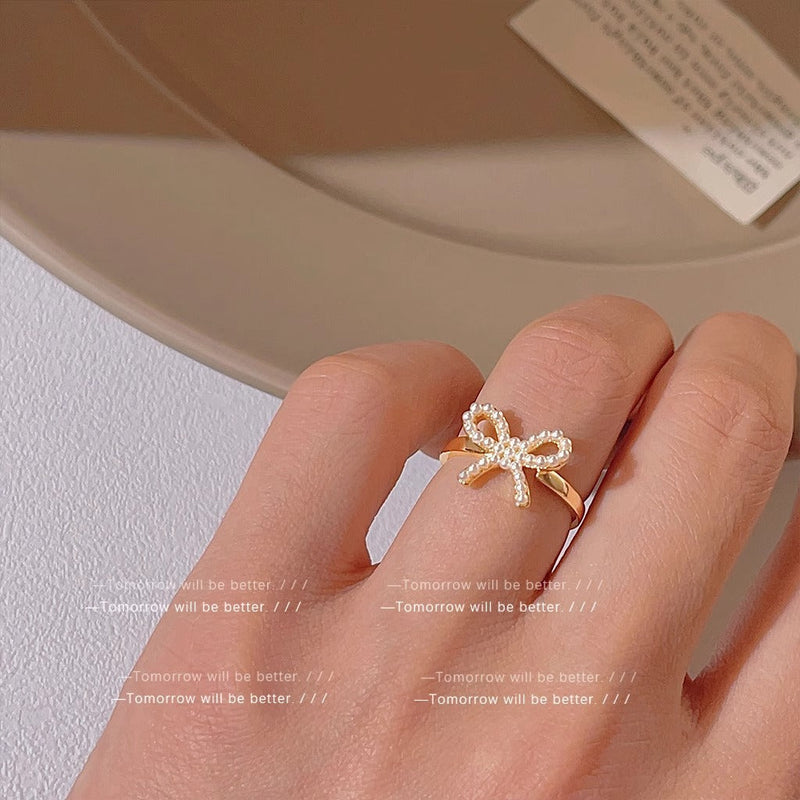 Gold Bow Ring With White Pearl Boho Bloom
