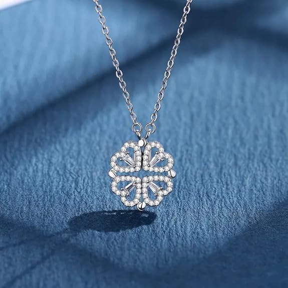 Silver Plated Clover Magnet Leaf Pendent Chain Necklace Boho Bloom