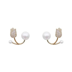 Gold Plated Mini Rose Pearl Stud Earring Boho Bloom