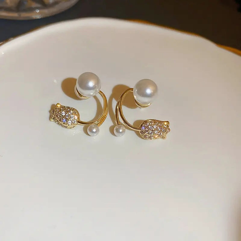 Gold Plated Mini Rose Pearl Stud Earring Boho Bloom