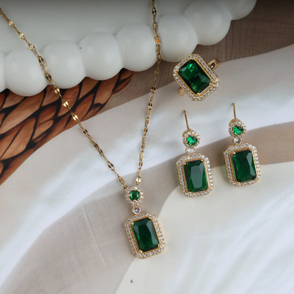Love Green Cube Shape Necklace, Ring, Earring Set Boho Bloom