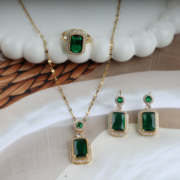 Love Green Cube Shape Necklace, Ring, Earring Set Boho Bloom