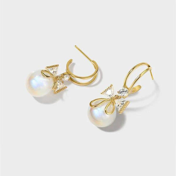 Gold Bow Pearl Drop Earrings Boho Bloom