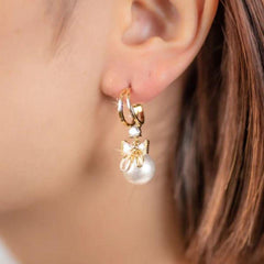 Gold Bow Pearl Drop Earrings Boho Bloom