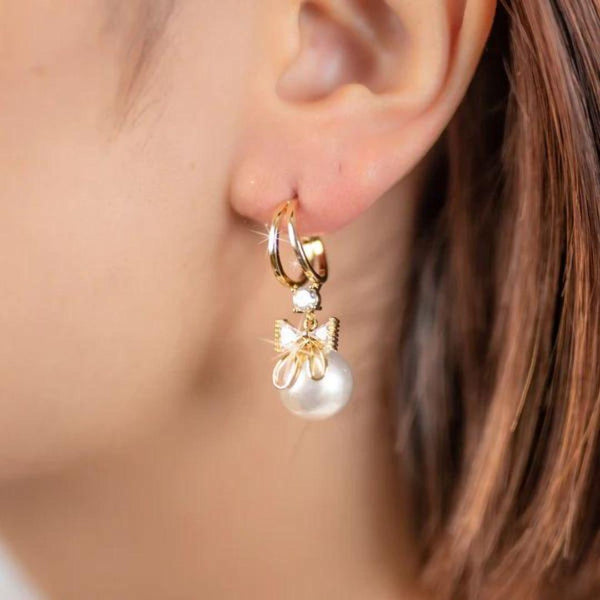 Gold Bow Pearl Drop Earrings Boho Bloom