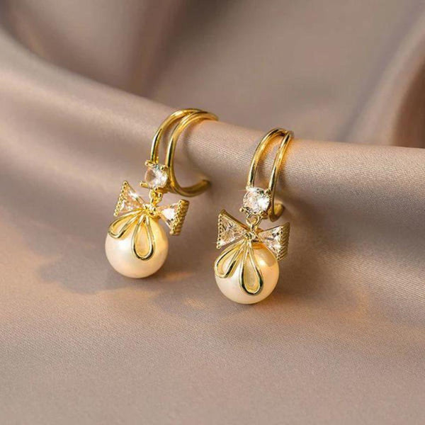 Gold Bow Pearl Drop Earrings Boho Bloom