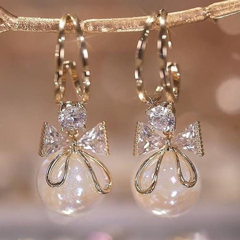 Gold Bow Pearl Drop Earrings Boho Bloom