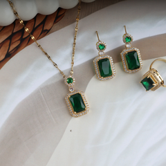 Love Green Cube Shape Necklace, Ring, Earring Set Boho Bloom