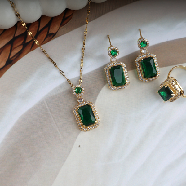 Love Green Cube Shape Necklace, Ring, Earring Set Boho Bloom