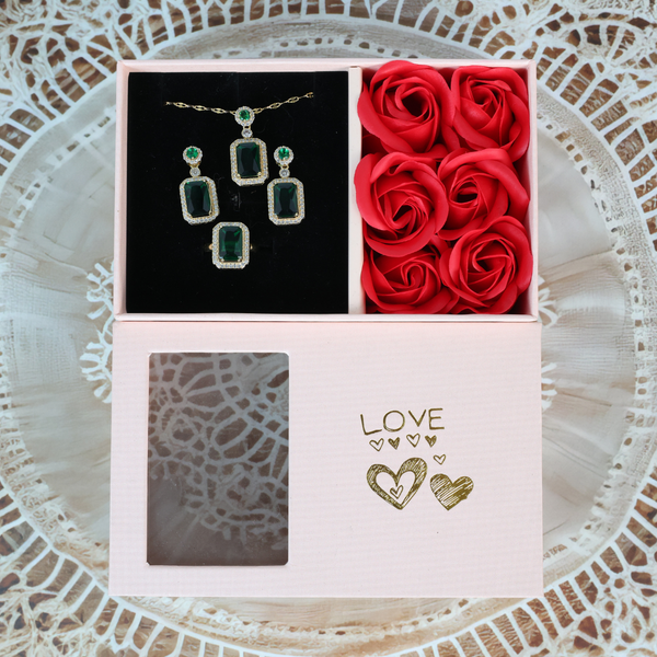 Love Green Cube Shape Necklace, Ring, Earring Set Boho Bloom