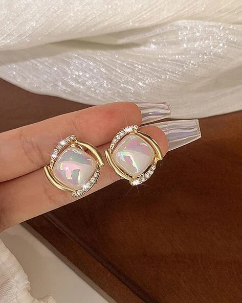 Elegant Gold-Plated Opal Stud Earrings with Zircon Boho Bloom