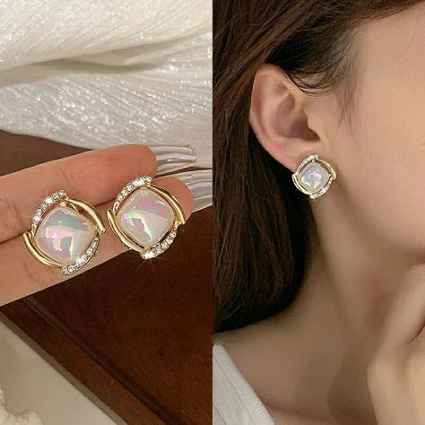 Elegant Gold-Plated Opal Stud Earrings with Zircon Boho Bloom