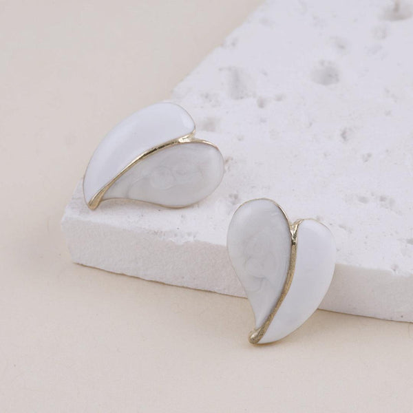 White Enamel Heart Stud Earrings Boho Bloom