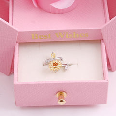 Adjustable Sunflower and Dragonfly Silver Ring Boho Bloom
