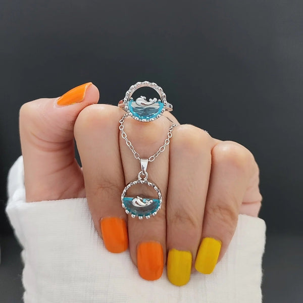 Combo Of Blue Sea Zircon Pendant And Ring Boho Bloom