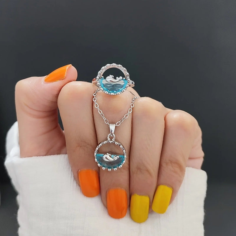Combo Of Blue Sea Zircon Pendant And Ring Boho Bloom