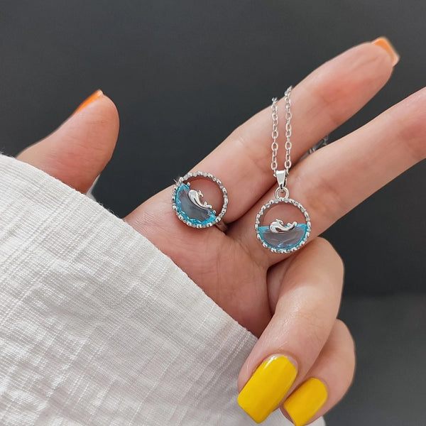 Combo Of Blue Sea Zircon Pendant And Ring Boho Bloom
