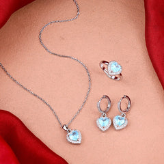 Crystal Heart Necklace,Earrings,Ring Three Piece Set Boho Bloom