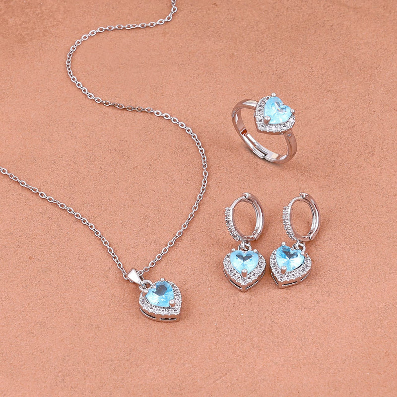 Crystal Heart Necklace,Earrings,Ring Three Piece Set Boho Bloom