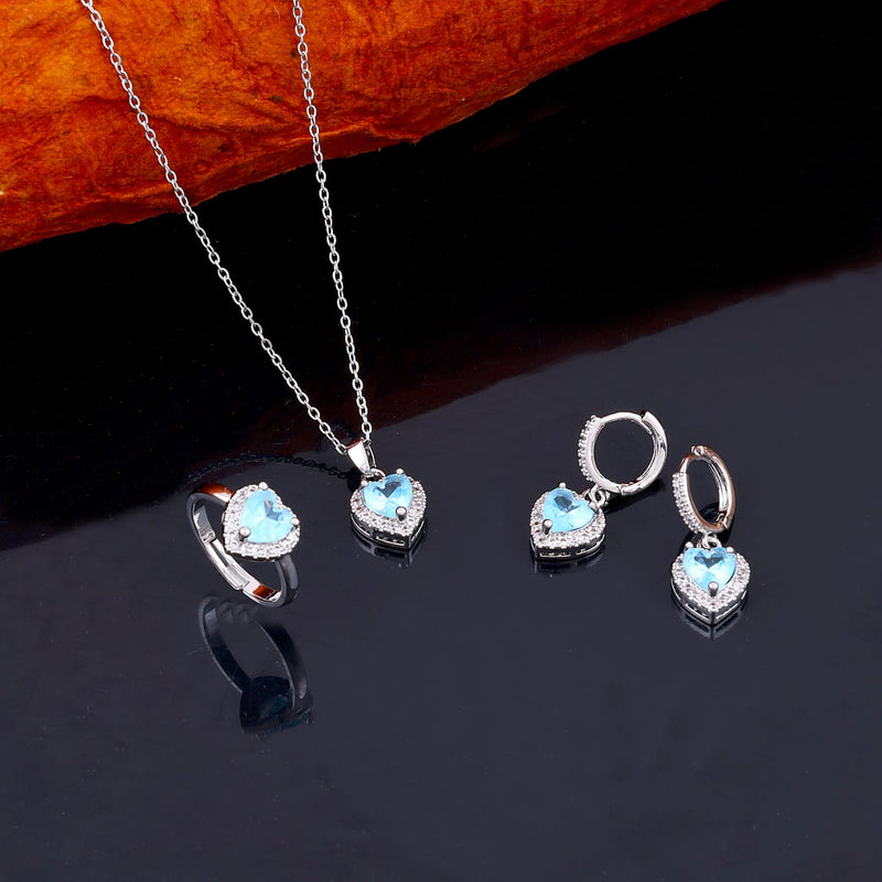 Crystal Heart Necklace,Earrings,Ring Three Piece Set Boho Bloom