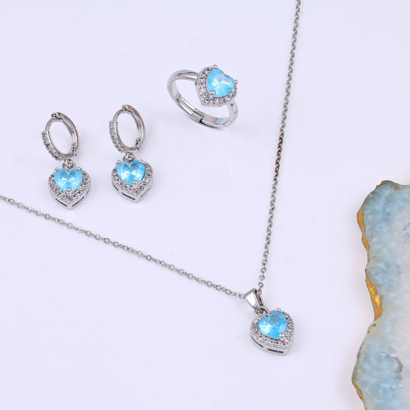 Crystal Heart Necklace,Earrings,Ring Three Piece Set Boho Bloom