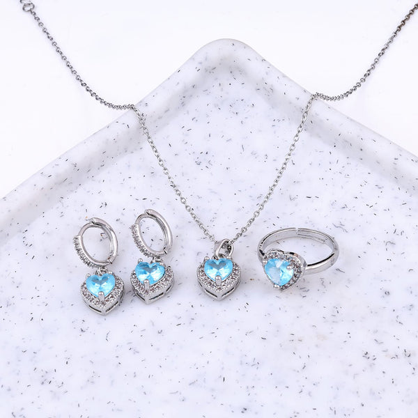 Crystal Heart Necklace,Earrings,Ring Three Piece Set Boho Bloom