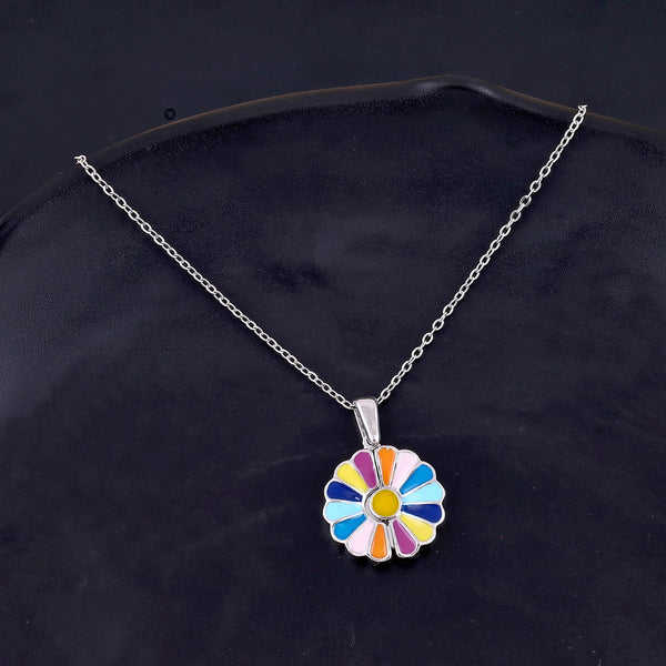 Silver Plated Rainbow Sunflower Pendant Necklace Boho Bloom