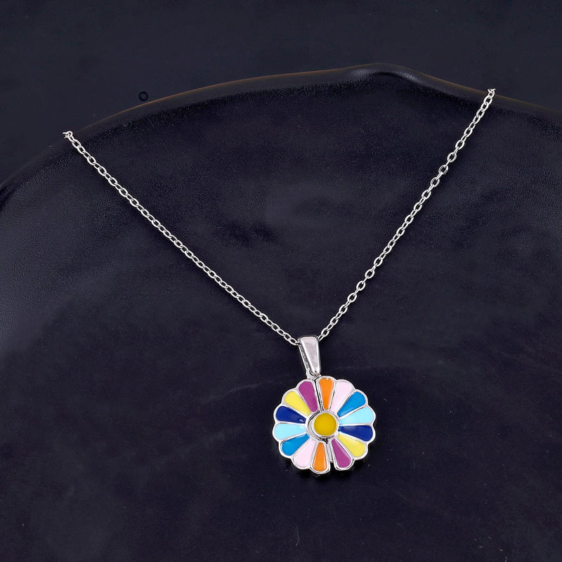 Silver Plated Rainbow Sunflower Pendant Necklace Boho Bloom