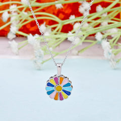 Silver Plated Rainbow Sunflower Pendant Necklace Boho Bloom
