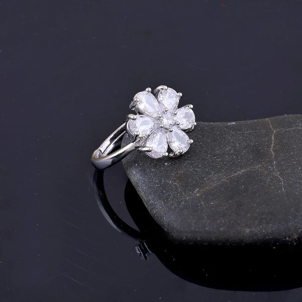 Elegant Silver Crystal Flower Ring Boho Bloom