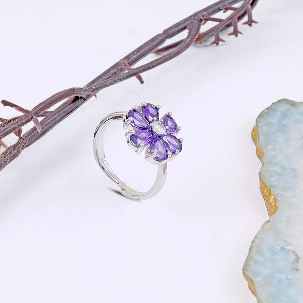 Pretty Purple Crystal Flower Ring Boho Bloom