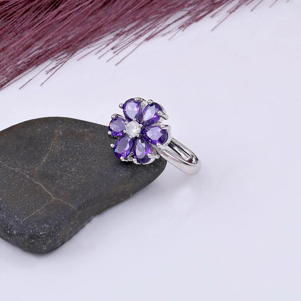 Pretty Purple Crystal Flower Ring Boho Bloom