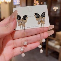 Crystal Shine Butterfly Pearl Long Tassel Earring Boho Bloom