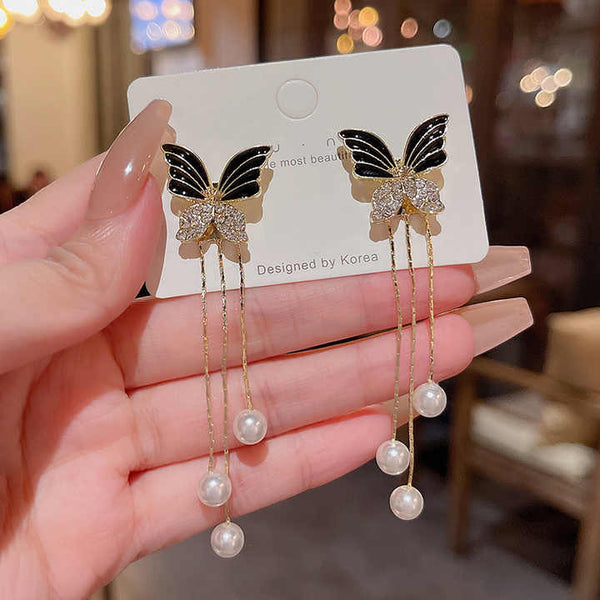 Crystal Shine Butterfly Pearl Long Tassel Earring Boho Bloom
