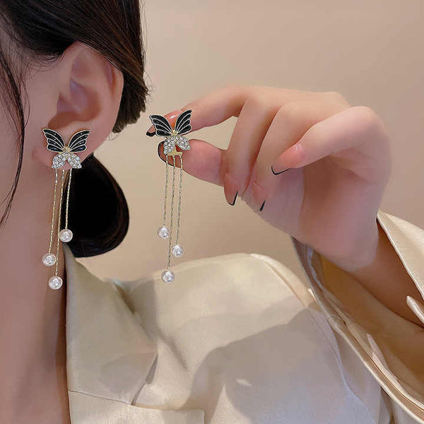 Crystal Shine Butterfly Pearl Long Tassel Earring Boho Bloom