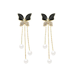 Crystal Shine Butterfly Pearl Long Tassel Earring Boho Bloom