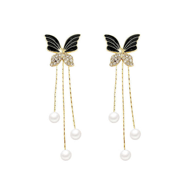 Crystal Shine Butterfly Pearl Long Tassel Earring Boho Bloom