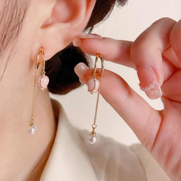 Gold Plated Mini Pink Flower Tassel Earring Boho Bloom