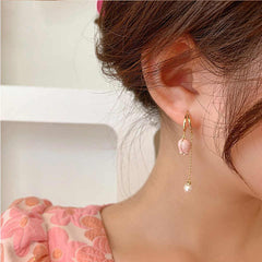 Gold Plated Mini Pink Flower Tassel Earring Boho Bloom