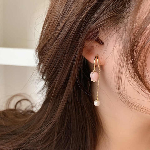 Gold Plated Mini Pink Flower Tassel Earring Boho Bloom