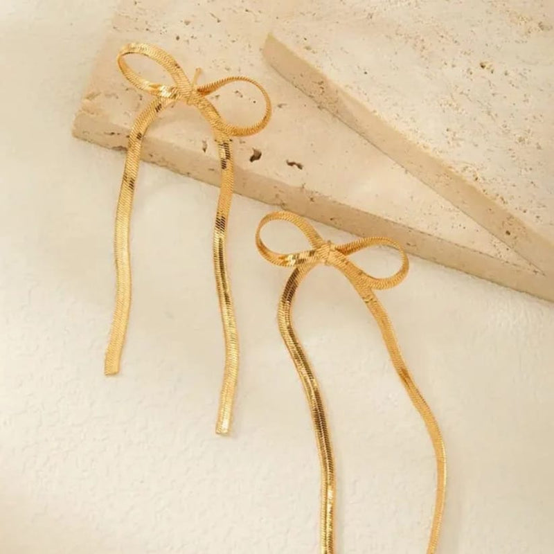 Gold Plated Bow Chain Type Long Earring Boho Bloom