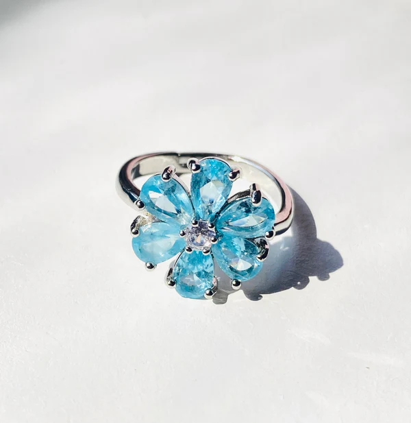 Blue Sapphire Sunflower Ring Boho Bloom