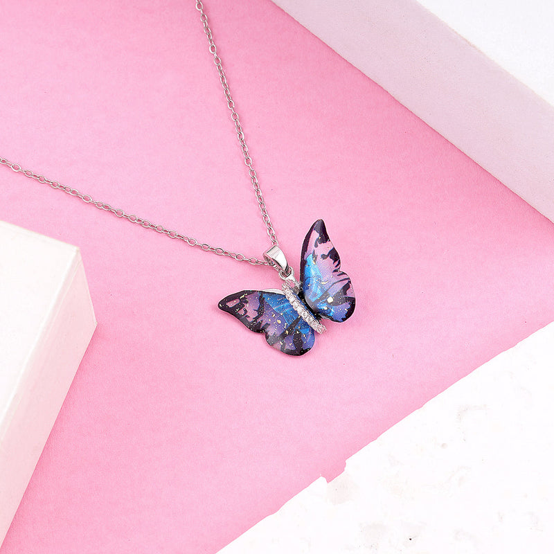 Shiny Blue Butterfly Necklace Boho Bloom