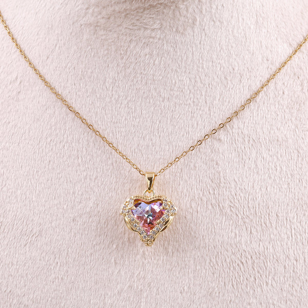 Pink Zircon Heart Necklace Boho Bloom