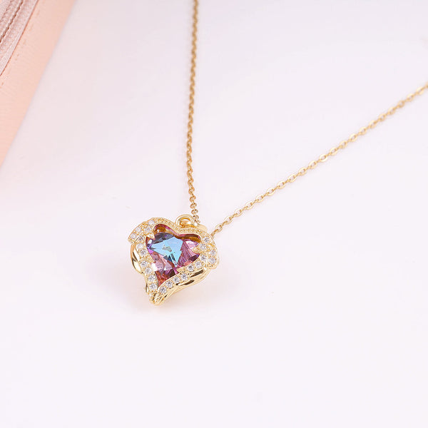 Pink Zircon Heart Necklace Boho Bloom