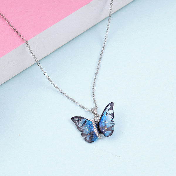 Shiny Blue Butterfly Necklace Boho Bloom